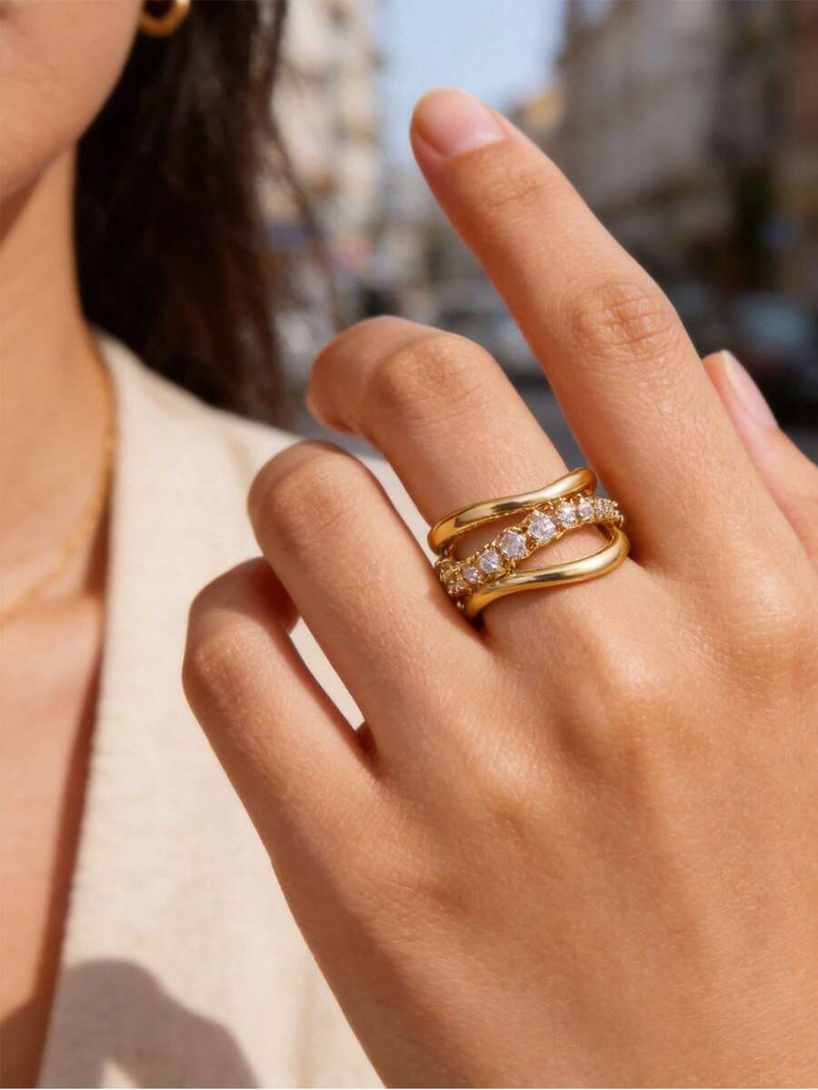 1 Stück Luxus Kubikzirkonia Wellen Ring für Frauen in Goldfarbe, geometrischer Ring, modischer Partyschmuck, Muttertags Geschenk - Gold - Übersicht 1