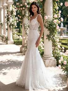 HEARBOBO Elegant Luxury Sleeveless Bridal Dress, Baroque White Lace Engagement Backless Mermaid Bohemian Wedding Gown With Train - White - View 5