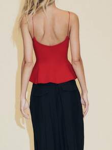 Women's Summer Flared Hem Camisole Fashionable Sleeveless Open Back Solid Color Crop Tops Stylish Spaghetti Strap Slim Fit Side Zipper Up Tops Daily Streetwear - Đỏ - Xem 5