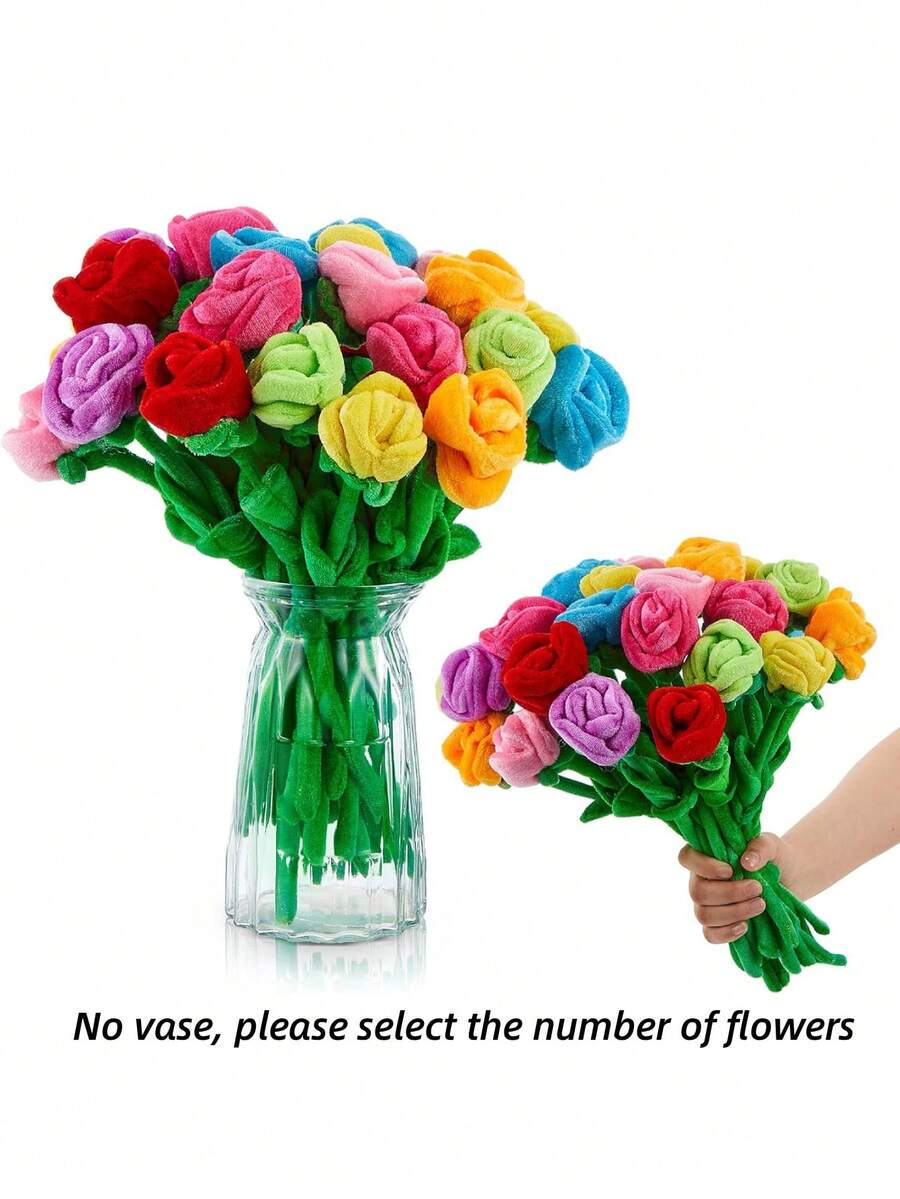毛绒玫瑰花填充玩偶花束，花茎可弯曲，柔软可弯曲的红色玫瑰花束，适合母亲节、生日、毕业典礼等场合。