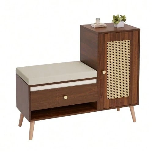 Shoe Cabinet, Rattan Entryway Bench With Shoe Storage And Seat Cushion – Multifunctional Entryway Bench With Drawers And Open Compartments, One Cupboard Door - Brown - View 1