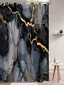 Open -1pc/4pcs Marble Pattern Shower Curtain Set, Shower Curtain Or Toilet Mat Bathroom Mat 4pcs Set, Bathroom Supplies Waterproof Shower Curtain Set With 12 Shower Curtain Hooks, Gift For Family And Friends - A - View 16