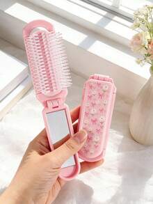 1pc Pink Foldable Comb With Daisy & Heart Print, Compact Design With Built-In Mirror, Portable For Women, Suitable For Travel & Gift - Multicolor - View 13