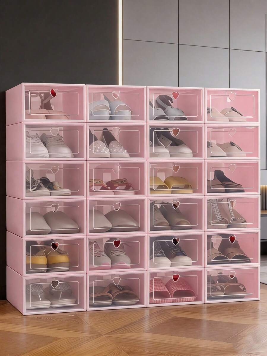 6/12pcs Transparent Stackable Shoe Boxes Foldable Plastic Storage Containers For High Heels Sneakers Boots All Types Of Shoes Space Saving Organizer Entryway Bedroom Dorm Office Closet Shoe Rack Set Clear Display Dust Proof Protection