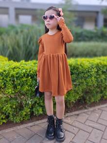 Winter Dress For Girls And Teenagers, Knitted With Fabric Details, Ruffled Sleeves, Long Sleeves, Autumn And Winter (VINF433) - 駝色 - 查看 2