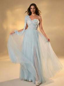 Women's Asymmetrical Neck Long Tulle Dress With Appliques And Lace-Up Back - Baby Blue - View 6