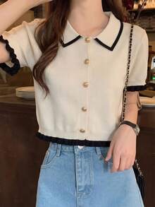 2026春夏女式杏色罗纹针织开衫 - 优雅甜美撞色领口荷叶边短袖上衣，休闲日常穿着、通勤、约会皆宜 - 杏色 - 查看 2