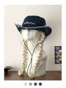 1 pieza Sombrero de cubo de mezclilla deshilachado con cordón ajustable - Gorra de estilo vintage - bolsillo deshilachado de la época - Ver 2