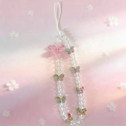 1件水晶珠彩色蝴蝶挂绳，心形蝴蝶结装饰手机挂绳，相机耳机盒挂饰