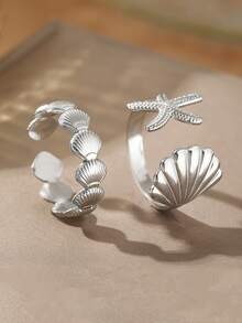2枚波西米亚风海洋元素不锈钢戒指，清新度假贝壳和海星可调节开口戒指，女士沙滩装 - 戒指套裝 - 查看 4