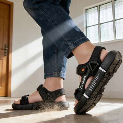 Sandalias deportivas para actividades al aire libre, sandalias tipo *slide* y sandalias ajustables para hombre; calzado de playa casual con diseño de bloques de color, confeccionado en lona tejida, con silueta plana de punta abierta y cierres de hebilla ajustables.