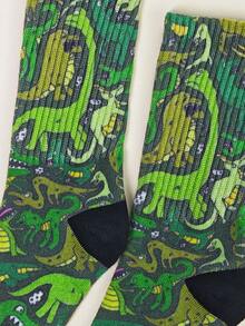1 Pair Children's Cartoon Dinosaur Socks, Green, Suitable For Ages 1-16, High Elasticity Mid-Calf, Casual Sports Socks For Boys And Girls, Fashionable And Versatile, Spring/Summer/Autumn - 彩色 - 查看 6
