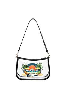 1pc Girls' Transparent Tote Bag, Baguette Bag With Holiday Print Pattern, Transparent PVC Material Shoulder Bag, Retro Classic Transparent Bag, Handbag Suitable For Concerts, Stadiums, Beaches - 2199 Romantic Holiday - View 8