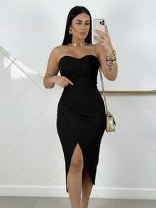 Strapless Midi Dress With Padded Cups And Front Slit - Women's Fashion, Party, Vacation And Elegance - Summer 2026 - 黑色的 - 查看 2