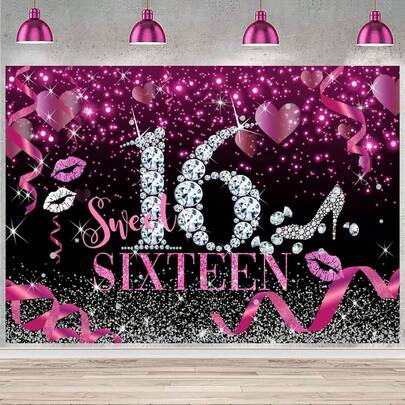 2d Plane Sweet Happy 16th Birthday Background Banner Bright Graffiti Splash Ink Design And Neon Numbers, Durable Polyester Fiber Studio Background Suitable For Indoor And Outdoor Party Anniversary Graduation Ceremony Banner Background, Various Sizes And Scenes To Choose From.