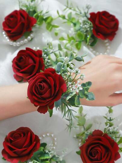 1朵/6朵勃艮第玫瑰花配人造绿叶和珍珠链腕花，适合新郎、新娘、伴郎、伴娘、婚礼装饰、宴会、情人节、周年纪念、派对等场合。