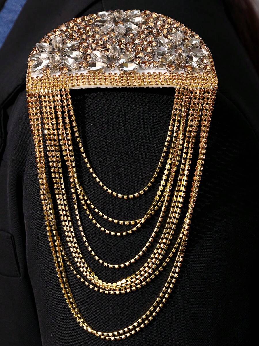 Fashionable Design Versatile Exquisite Luxurious Handsome Personalized Rhinestone Flower Tassel Golden Epaulet Suitable For Men's Daily Business Commute Wear Jewelry