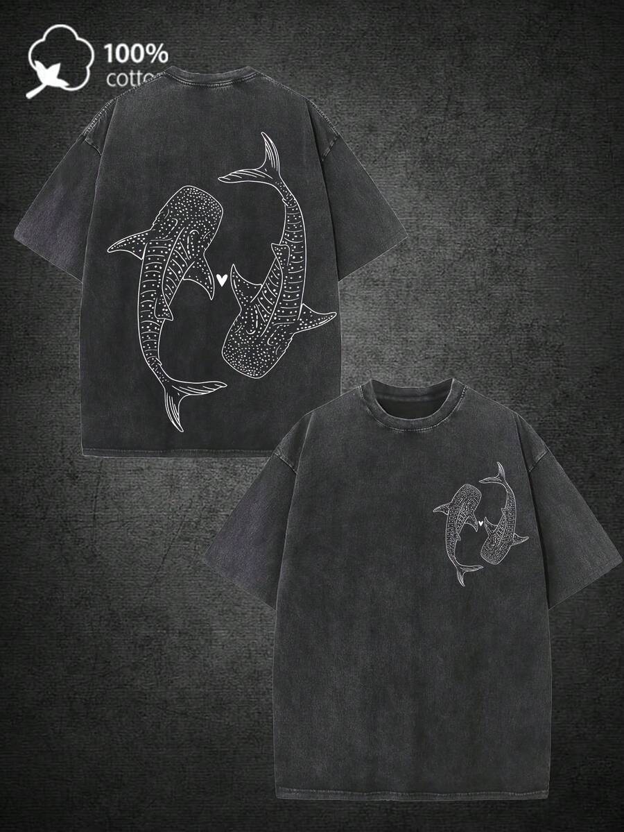 BOTANICBEAT 1pc Men'S Whale Shark Graphic T-Shirt - Heavyweight 220gsm Washed Cotton Tee, Relaxed Fit Drop Shoulder Shirt For Beach, Casual Outfits & Everyday Streetwear - Soft Breathable Summer Top, Beach T Shirt, Retro Street Style, Comfortable Fabric, Short Sleeve Tee, Young Adults Mens Clothes Summer Clothes - 黑色 - 查看 1