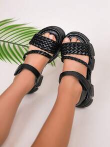 1 Pair Girls' Black Woven Design Thick-Sole Retro Roman Sandals, Quality PU Material, Hook And Loop Closure, Bohemian Style Suitable For Summer Outdoor, (Select Size Based On Foot Length Chart) - Black - View 8
