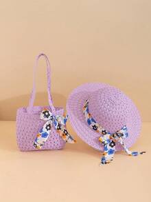 2pcs/Set Girls Floral Bucket Hat & Floral Bag, Suitable For Girls Spring/Summer Outings And Vacations, Daily Wear Sun Protection - Mauve Purple - View 2