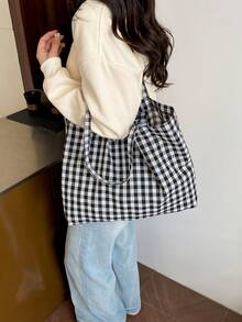 2026新款格子单肩包，女士复古尼龙多功能系带帆布包，大容量格子帆布包，学生单肩包，复古蝴蝶结手提包 - 黑色 - 查看 8