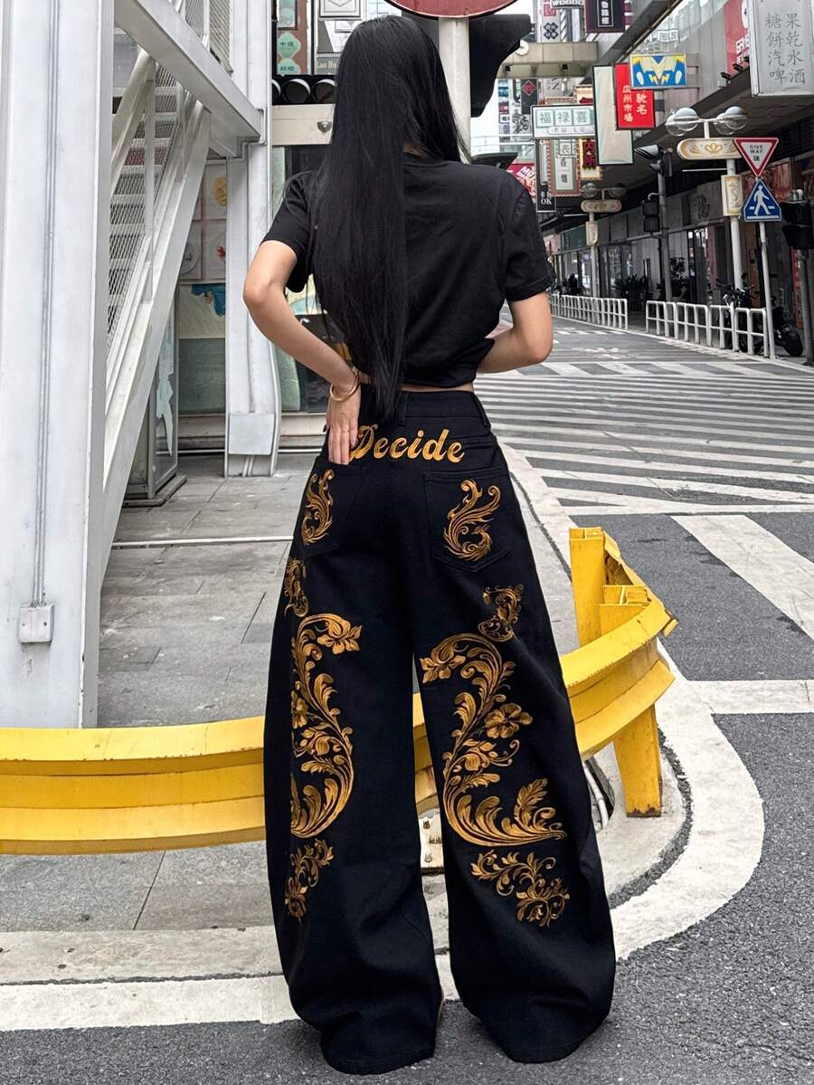 1件日系街头风刺绣Saber牛仔裤，女士宽松舒适阔腿休闲牛仔裤，四季皆宜（不含腰带/配饰）春季黑色 - 黑色 - 查看 1