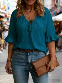 Plus Size Women Solid Color Knotted Casual Versatile Daily Wear Top Summer - Peacock Blue - View 3