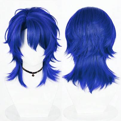 Peluca sintética azul corta y recta, esponjosa, con raya al medio, para cosplay de anime y juegos, resistente al calor para uso diario y fiestas