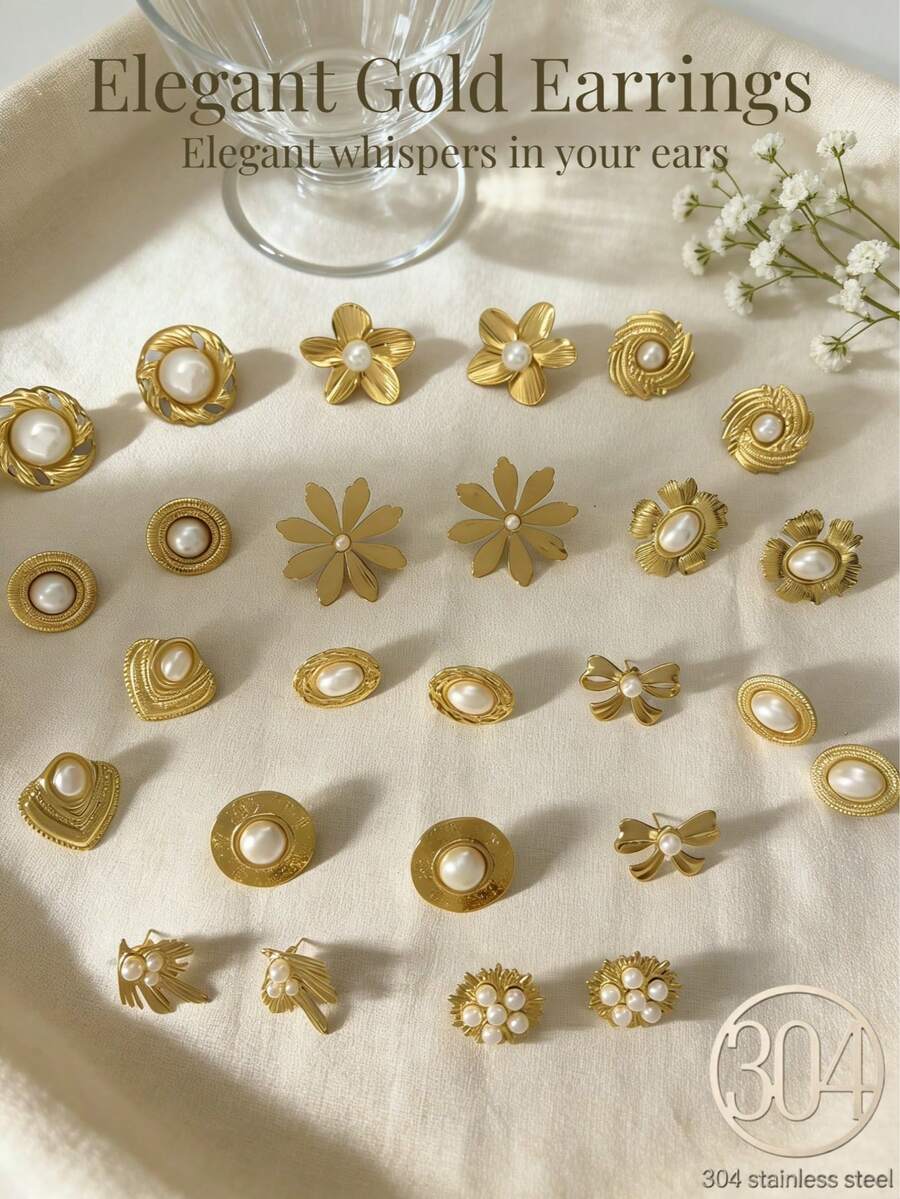 Bộ 12 đôi bông tai ngọc trai mạ vàng thanh lịch lấy cảm hứng từ phong cách cổ điển dành cho nữ, được chế tác từ thép không gỉ 304 mạ vàng 18K. Với nhiều kiểu dáng khác nhau - bao gồm hoa, trái tim, lá và hình học - những đôi bông tai này sẽ mang đến vẻ thanh lịch cho đôi tai của bạn. Đây là món quà hoàn hảo dành cho mẹ, dù là vào Ngày của Mẹ hay sinh nhật. - Sự kết hợp của ngọc trai vàng - Xem 1