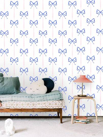  1 Cuộn Giấy Dán Tường Tự Dẹp Hình Nơ Xanh Màu Nước Rộng 44.5CM, Giấy Dán Tường Tự Dẹp Hình Nơ Sọc Hồng Phong Cách Preppy, Tranh Dán Tường Chống Thấm Nước Có Thể Tháo Rời Cho Phòng Ngủ Bé Gái, Phòng Ký Túc Xá, Phòng Trẻ Em, Trang Trí Nhà Cửa, Cải Tạo Nội Thất