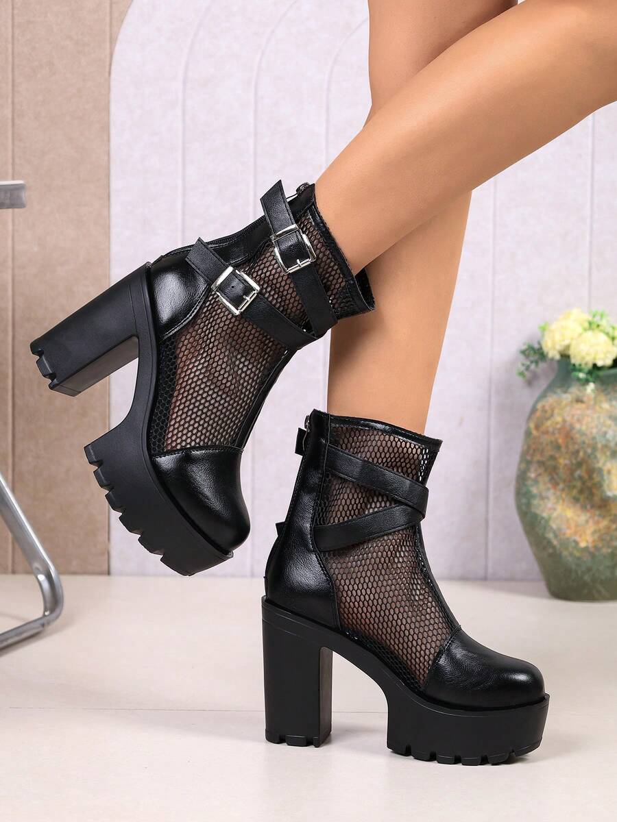 Giày bốt cổ ngắn đế cao phối lưới mùa hè mới, bốt cao gót siêu cao, khóa đôi, chống thấm nước, kiểu lưới rỗng.