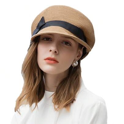 HIMESPORT Straw Visor Hats For Women White Beret Hat Ladies Holiday Sun Beach Cap With Ribbon Foldable