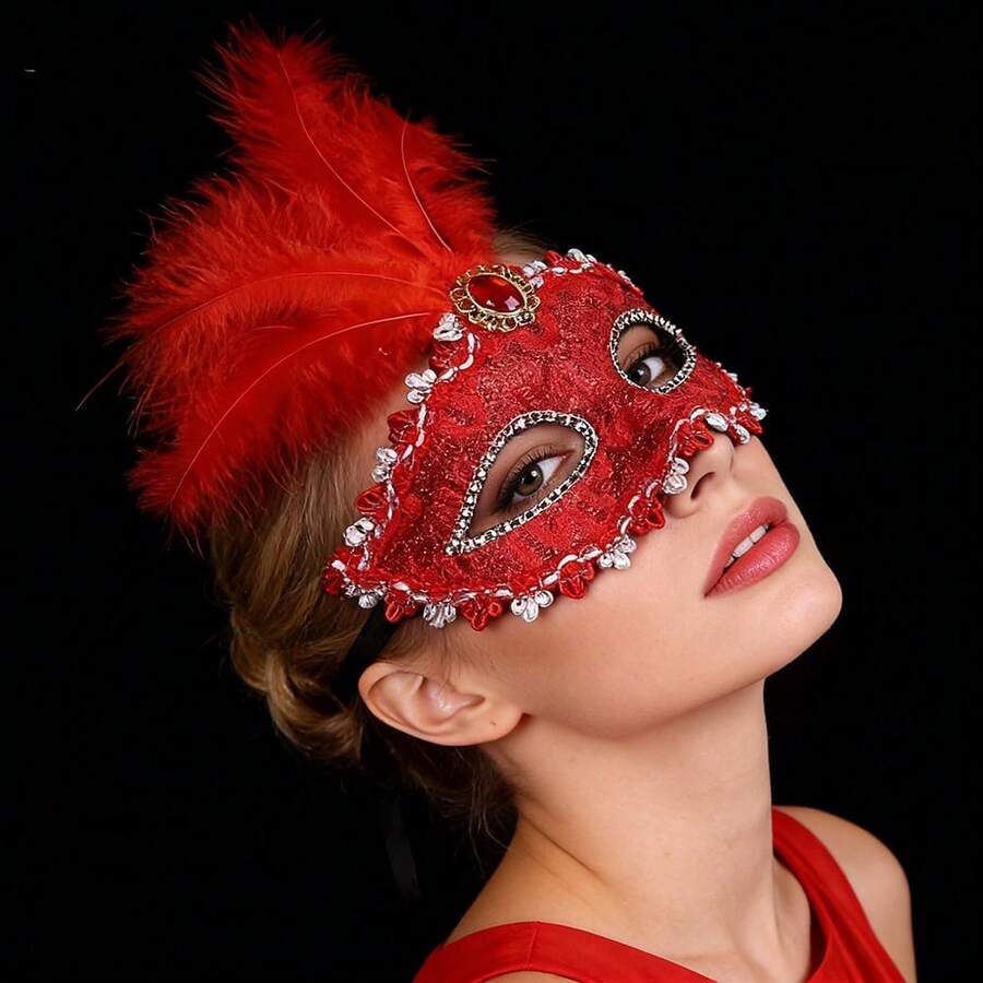 1 pieza Máscara veneciana de media cara, máscara de encaje y plumas, adecuada para baile de máscaras, carnaval, San Valentín, disfraz misterioso para fiestas (incluye plumas artificiales) - multicolor - Ver 1