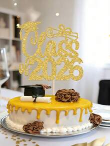 1/2pcs 2026 Graduation Cake Topper, Glitter Congratulations 2026 Graduation Cake Sign, Gold 2026 Graduation Theme Party Cake Decorations - Golden Scroll - View 1