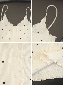 Korean Style Summer Retro Polka Dot Frill Trim Camisole Top, Sexy Slim Fit Ribbed Knit Crop Top, Sweet & Sexy Layering Piece, INS Soft White Ribbed Texture Single-Breasted Top With Buttons That Can Be Unbuttoned - Apricot - View 9
