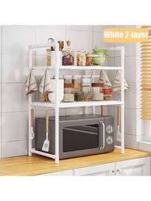 1 Piece Microwave Rack, Expandable Microwave Shelf, Countertop Kitchen Utensil And Cutlery Storage Rack, Carbon Steel Microwave Rack With Hooks - Multicolor - View 7