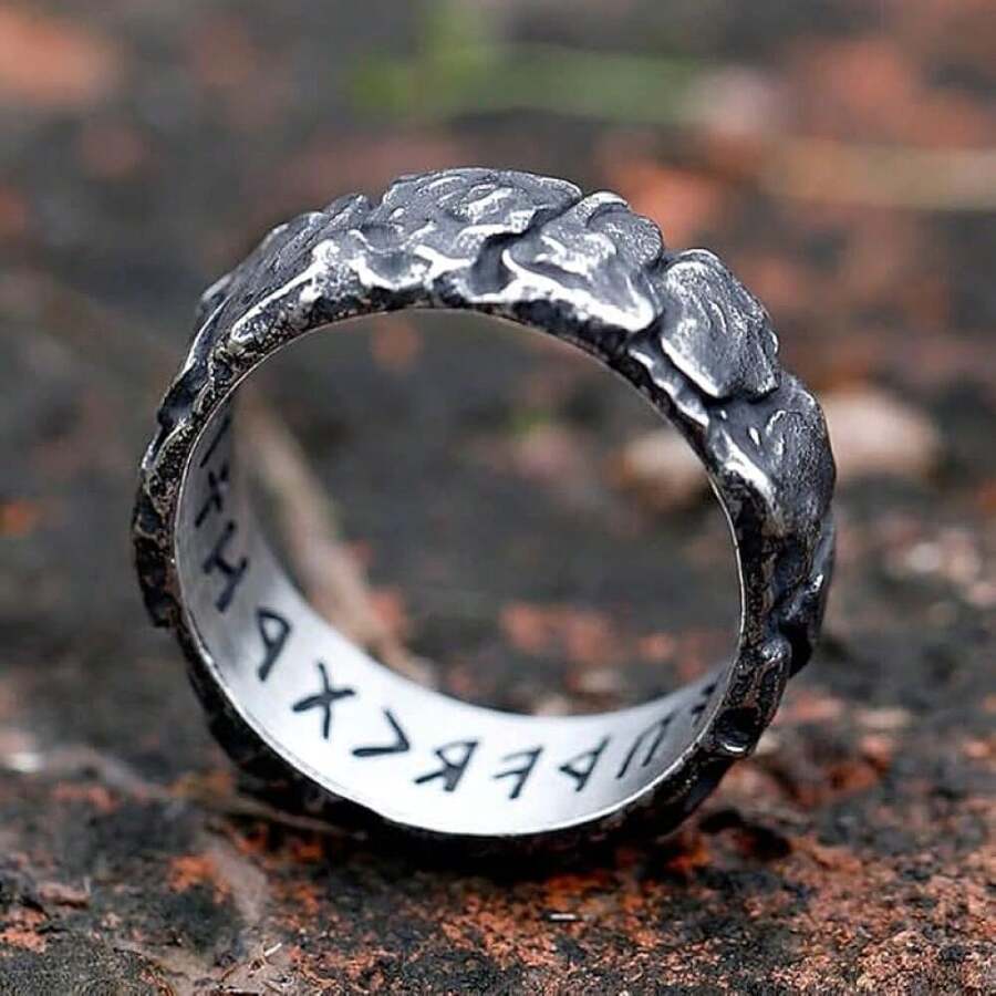 Men's Nordic Rune Ring Alloy Ring, Stone Pattern Design, Viking Characters Engraved On The Inside, Simple Niche Jewelry, Suitable For Daily Wear, Very Low-Key - 12 - View 1
