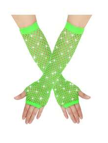 2pcs 1980s Neon Street Party Punk Rhinestone Fishnet Fingerless Gloves, Suitable For Halloween Party, Mother's Day Gift, Ball Dance Hollow Gloves, Party Fishnet Elastic Mesh Gloves, Fashion Neon Fishnet Long Fingerless Gloves - Multicolor - View 6