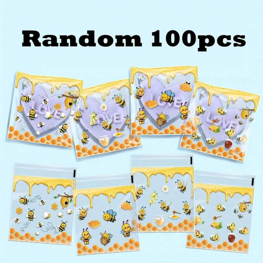100pcs Yellow Bee Themed Self-Sealing Bags, Honeycomb Pattern Gift Bags For Birthday, Wedding, Baby Shower, Party Decorations, Gift Packaging - View 1