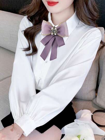 1 chiếc nơ đeo cổ thời trang màu tím trơn dành cho nữ, đính ngọc trai giả và đá pha lê, thích hợp cho mặc hàng ngày, đi chơi và dự tiệc.