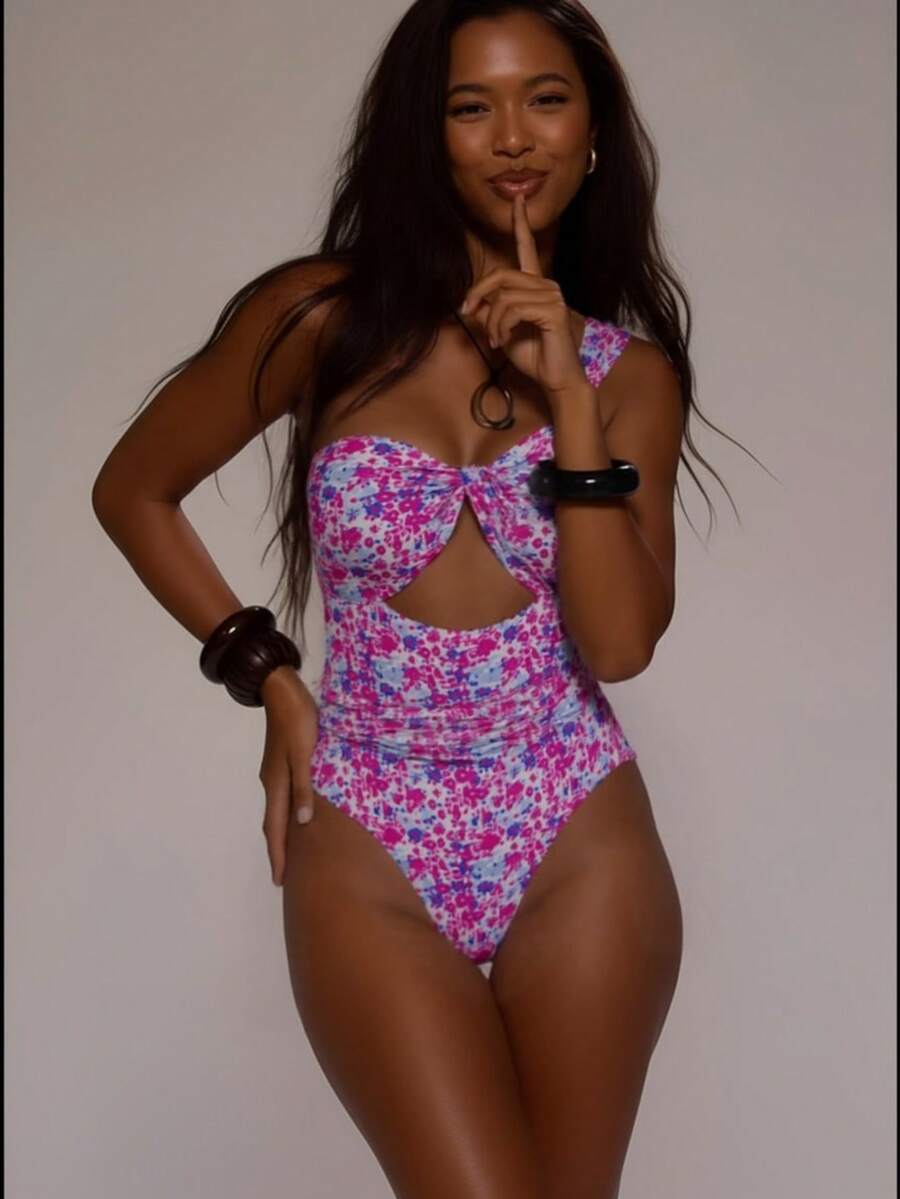 1 bộ bikini vải dệt kim họa tiết hoa dễ thương, thanh lịch, gợi cảm, kiểu dáng bất đối xứng, thích hợp cho bãi biển, trường học, hẹn hò, du lịch, kỳ nghỉ xuân/hè. - Nhiều màu - Xem 1