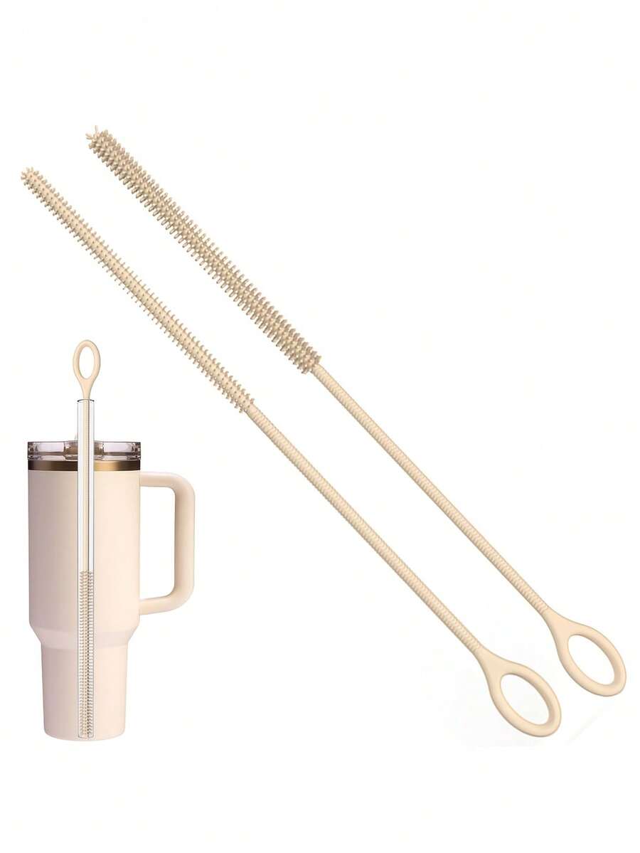 1/2pcs Set Silicone Straw Cleaning Brush | Extra-Long Slim Brush Head, Designed For Narrow Tubes, Easily Reaches Into Lid Straws/ Bottle Straws/ Cups, Flexible For Thorough Stain Removal