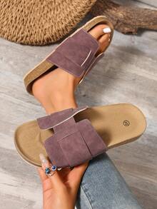 Purple Double Buckle Thick Sole Slide Sandals, Retro Open Toe Soft Bottom Slip-On Casual Shoes, French Slouchy Versatile Breathable Lightweight Beach Holiday - Red - View 3