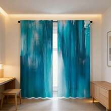 2pcs Turquoise Pattern Semi-Blackout Curtains, Rod Pocket Design, Farmhouse Style For Living Room, Kitchen, Home Decor, Polyester Fabric, Machine/Hand Washable - Multicolor - View 2