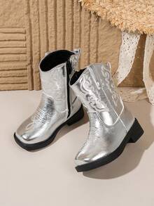NILOSH Embroidered Western Cowboy Boots, New Fashion Mid-Calf Boots For Boys & Girls, Retro Style - Silver - View 4