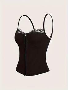 Top de tirantes negro de punto elegante para mujer con cuello de corazón, adorno de encaje y detalle de botones - Negro - Ver 8