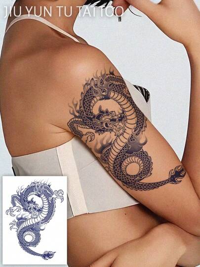 1 pieza Pegatina de tatuaje mágico semi-permanente de jugo de hierbas, diseño de dragón feroz, tatuaje temporal realista, estilo chino, adecuado para brazos, pecho, espalda, piernas, para cubrir cicatrices, impermeable, pegatina de tatuaje corporal no reflectante
