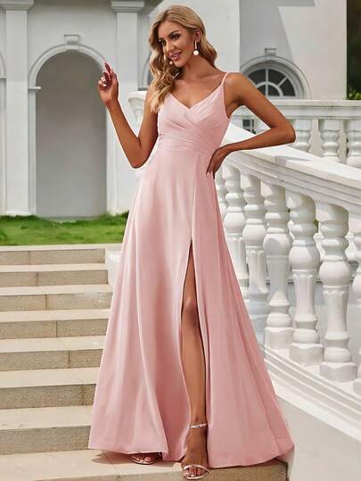 EVERPRETTY Elegant Sexig Enfärgad Spaghettibandsklänning med Slits, Rosa, Vår/Sommarklänning för Bröllopsgäster, Semesterklänning