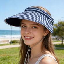 Women Sun Visor Hats Casual Striped Large Brim Empty Top Cap Foldable Beach Hat For Summer Outdoor Travel - 藍色 - 查看 1