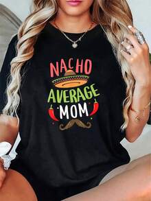 Camiseta Unisex 100% Algodón con Estampado de Bigotes Mexicanos, Estilo "Nacho Average Mom", para Cinco de Mayo, Camiseta de Cuello Redondo 100% Algodón. - Negro - Ver 6